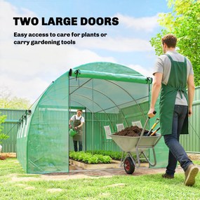 Outsunny Szklarnia ok. 4 x 3 x 2 m, szklarnia foliowa z rolowanymi drzwiami, 2 drzwi na zamek &amp; 8 okien z siatką, pręty podporowe, zielona | Aosom PL