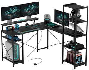 HOMCOM Biurko narożne L-kształtne z ładowarką, komputer stół narożny z podstawką pod monitor i półkami, do domowego biura, czarne