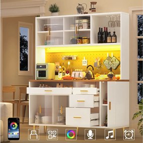 Nowoczesna komoda kuchenna - 145 x 24 x 171 cm - z diodami LED + półki + drzwi + 4 szuflady - szkło + płyta MDF - biała