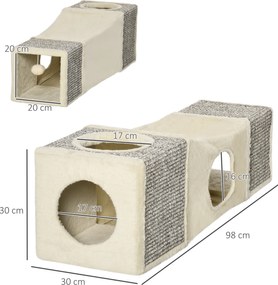 PawHut Tunel zabawkowy dla kotów z jaskiniami i drapakami Beżowo-brązowy z piłką 98x30x30cm | Aosom PL