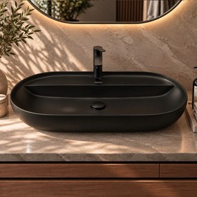 Umywalka ceramiczna nablatowa owalna czarna z otworem i z półką na mydło 80 x 40 cm DECOS Black z rantem Slim