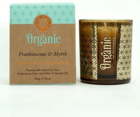 Organiczna świeca kadzidlana Frankincense &amp;Myrrh 200 g w szklanym pojemniku ze złotą folią