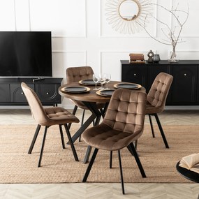 Zestaw Stół Okrągły Rozkładany LUKAS 100-250 cm Dąb Rustykalny/Czarny i 4 Krzesła Tapicerowane RICK Brązowe Welurowe Nowoczesne