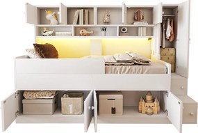 Łóżko dziecięce drewniane - 90 x 200 cm - z pojemnikiem + półki + szafa + oświetlenie LED + barierka zabezpieczająca - białe