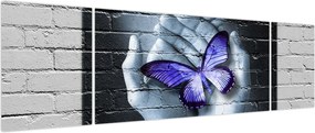 Obraz - Fioletowy motyl na ścianie (170x50 cm)