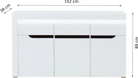 Komoda Trzydrzwiowa z Szufladą do Salonu IVORY Biała / Biały połysk 152 cm Nowoczesna