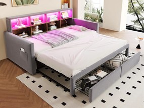 Rozkładana sofa z poduszkami 90x190 cm - Oświetlenie LED - z gniazdem ładowania - dwie szuflady - stelaż lamelowy - welur - jasnoszary