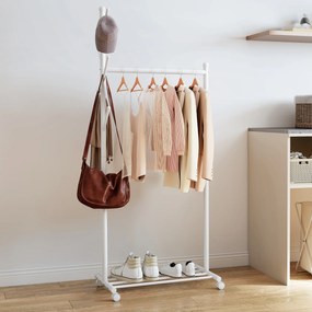 HOMCOM Stojak na ubrania z kółkami, mobilny wieszak z drążkiem, 5 haczyków, półka na buty, biały