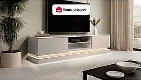 Szafka RTV z 2 szufladami i 2 wnękami z oświetleniem LED z MDF - Beżowy i efekt białego marmuru - DEVIKA marki Pascal Morabito