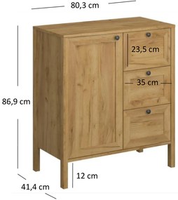 Komoda z Szufladami Drewniana do Salonu DALE 80 cm Dąb craft złoty Klasyczna