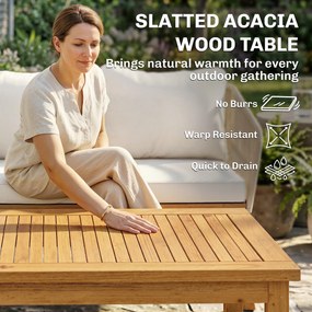 Outsunny Zestaw Mebli Ogrodowych 4-częściowy Rattanowy Zestaw Wypoczynkowy z Sofą Dwuosobową, 2 Fotelami, Stolik z Laminowanym Drewnem Akacjowym, Grube Zdejmowane Poduszki | Aosom PL