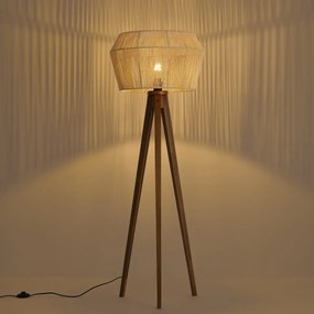 Lampa podłogowa drewniana vintage z brązowym abażurem z papierowego sznurka 50/50/30 - Tripod Classic