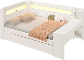 Sofa dziecięca rozkładana - 140 x 200 cm - z wysuwanym łóżkiem 90 x 190 cm + z oświetleniem LED + biurko + schowek - płyta MDF + len - biała