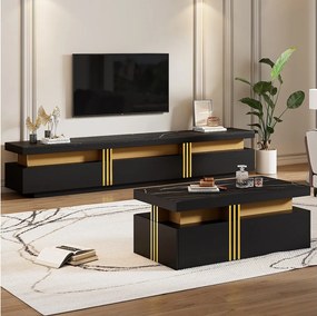 Zestaw stolik pod TV + stolik kawowy - 100 x 50 x 40 cm + 200 x 40 x 42 cm - Płyta wiórowa - Wygląd marmuru - Czarny