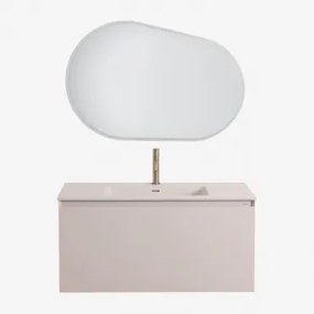 Zestaw Drewnianych Mebli Łazienkowych Macrae Ze Zintegrowaną Umywalką Nature & Owalna Lampa Led I Przeciwmgielna 100x80 Cm - Sklum
