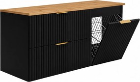 Zestaw mebli łazienkowych z koszem i blatem, złote uchwyty, czarny/dąb craft, 120 x 46 x 58,6 cm