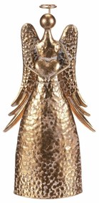 Świąteczna metalowa dekoracja Anioł 34 cm zsercem, złota, 34 cm