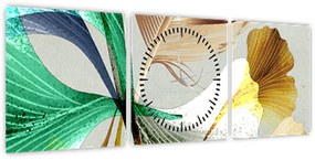 Obraz - Liście z piórami (z zegarem) (90x30 cm)
