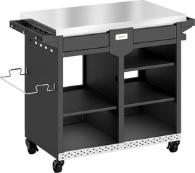 Outsunny Wózek grillowy 5-poziomowy stolik grillowy ze stalową powierzchnią roboczą, regulowane półki, szuflada, kółka, uchwyt na przyprawy i ręczniki | Aosom PL