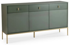Komoda do Salonu Sypialni MARCOS 155 cm Zielona Ryflowana Trzydrzwiowa z Szufladami Nowoczesna