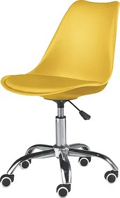Żółty obrotowy fotel biurowy "Dorian" z polipropylenu z siedziskiem ze skóry ekologicznej i chromowaną metalową podstawą cm 49x47 82/96h