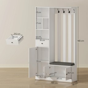 HOMCOM Szafa garderobiana 180 cm z wieszakiem, ławką na buty, 4 haczykami, otwartymi półkami, MDF, Biały