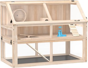 PawHut Klatka dla chomika z drewna 3 poziomy Klatka dla gryzoni z huśtawką, kołowrotkiem, domkiem 95 x 53 x 76 cm naturalne drewno | Aosom PL