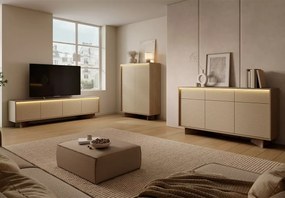 Komoda Parsja 3D3S 154 cm LED – komoda do salonu z szufladami, ryflowane fronty, bolivar naturalny / cappuccino, push-to-open