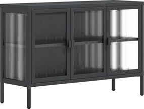 Nowoczesny czarny bufet 105x35x70 cm ze stali powlekanej i ryflowanego szkła z regulowaną półką i poziomnicami
