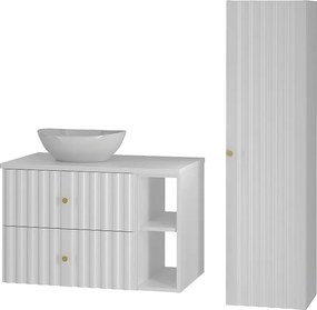 Biały Zestaw Łazienkowy 80cm Szafka z Blatem Umywalka Regał Słupek Ryflowane Fronty Aqua