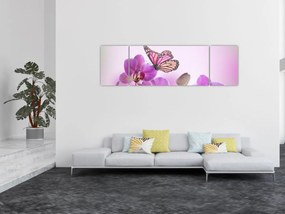 Obraz - Motyl na kwiatach orchidei, liliowy (170x50 cm)