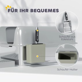 PawHut Kuweta dla kota, ze stali nierdzewnej, z wysokimi bokami i pojemnikiem, Jasnoszary