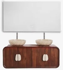 Zestaw Podwójnej Wiszącej Szafki Łazienkowej 130x45 Cm Z Drewna Mango I Naturalnego Kamienia Kivalina Prostokątny Led I Przeciwmgielny 140x75 Cm Riben