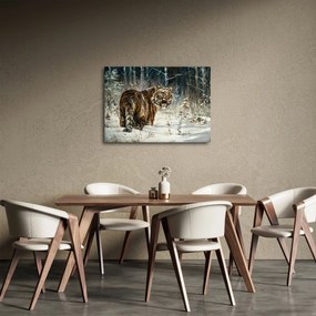 Obraz - Tygrys w zaśnieżonym lesie, obraz olejny (70x50 cm)
