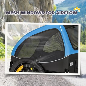 PawHut Przyczepka rowerowa dla psa, składana, z odblaskami, siatkowymi oknami, kołami, drzwiami, flagą bezpieczeństwa, dla psów do 20 kg, 138x70x89 cm, niebieska | Aosom PL