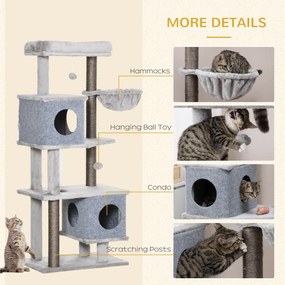 PawHut Drapak dla Kota Szary z 2 Domkami Platformami i Kula do Zabawy 60x40x142cm Bezpieczny i Stabilny | Aosom PL