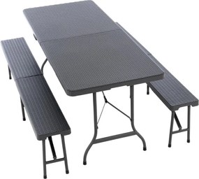 Zestaw ogrodowy, 2 ławki i stół w stylu rattanu - antracyt