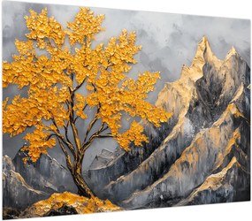 Obraz na szkle – Złote drzewo w górach (70x50 cm)