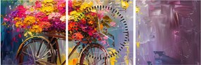 Obraz - Koło z kwiatami (z zegarem) (90x30 cm)