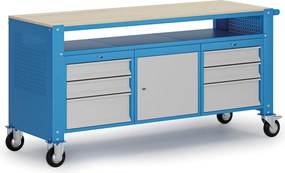 Mobilny stół warsztatowy G9, 1 górna półka, 1 szafka, 6 szuflad, 1690 x 595 x 865-1130 mm, szary/niebieski