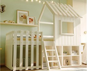 Łóżko domek dziecięce 90x200 cm - z daszkiem + okienkiem - z drabinką 2-stopniową i półeczkami - białe