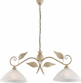 Żyrandol z żelaza w kolorze kości słoniowej, dekor stare złoto, klosze z białego alabastru Ø30 cm, 2 światła, 96x30 cm