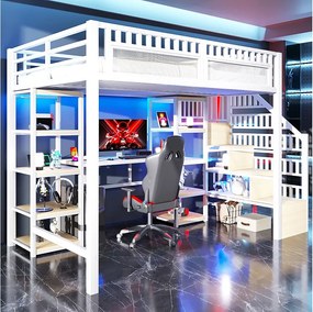 Łóżko piętrowe dla dzieci - 140 x 200 cm - rama żeliwna - z biurkiem + diody LED + port USB + półka + drabinka - metalowe - białe