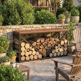 Outsunny 2-in-1 stojak na drewno do wnętrz 98 x 28 x 50 cm podwyższony stojak na drewno z półką przegrodą stolik boczny | Aosom PL