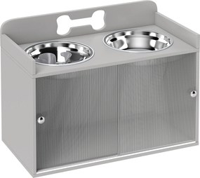 PawHut Podwyższona stacja karmienia z 2 miskami i szafką, MDF, stal nierdzewna, motyw kości, szary