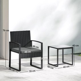 Outsunny Zestaw bistro z rattanu, 3-częściowy zestaw mebli ogrodowych z 2 krzesłami ogrodowymi, stolikiem kawowym, zdejmowanymi poduszkami Ciemnoszary | Aosom PL
