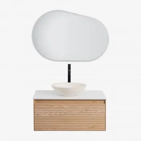 Zestaw Wiszących Mebli Łazienkowych Z Drewna Jesionowego Tedrik Popielaty Brąz & Cement Okrągły Biały Ø40 - Sklum