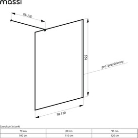 Ścianka prysznicowa WALK IN FIX przezroczysta prostokątna 8 mm Molis Classic Clear MASSI | rożne rozmiary : Kolor profili kabiny - złoty, Szerokość ścianki - 70 cm, Typ montażu - WALK in FIX (Do ściany)