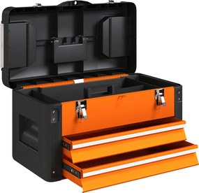 HOMCOM Pusta Skrzynka na Narzędzia, 49,7 x 25,3 x 28,9 cm, Skrzynka z Szufladą i Mini-Skrzyneczką, Stal Pomarańczowa
