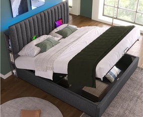 Łóżko z tapicerowanym zagłówkiem z lnu z portami ładowania i LED - 140x200cm - 3 regulowane komory na głowie - Szare